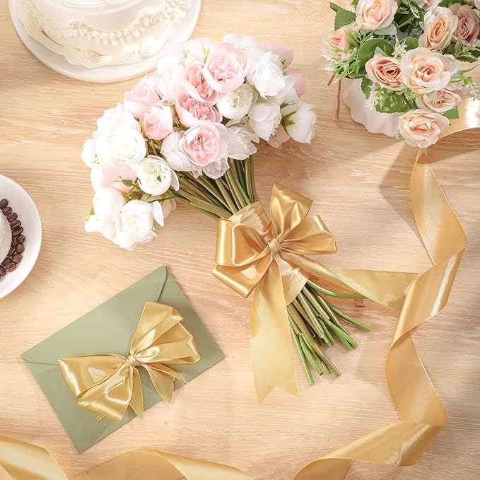 Gold Ribbon 1-1/2 Inch 60 Yards Gold Satin Christmas Ribbon Gift Bows for Gift Wrapping Floral Flower Bouquet Wedding Party Holiday Christmas Decorations