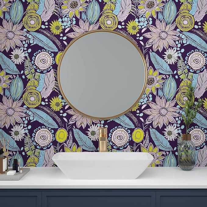 Purple Boho Wallpaper Peel and Stick,Vintage Yellow Floral Contact Paper 17.5" x 393", Botanical Flowers Retro Absract Wall Paper Self Adhesive Removable Waterproof for Walls Shelves Cabinet Table