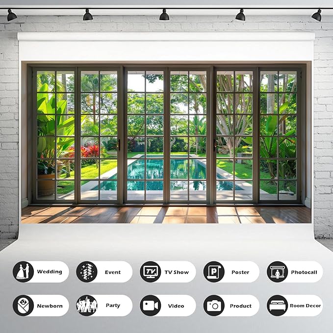 Window Scenery Photography Backdrop Windowsill Backyard with Pool and Garden Background Tropical Plants Photocall Background Party Banner Wall Decor Baby Kids Family Photo Shoot Props 15x10ft
