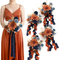 Ling's moment Artificial Flowers Orange & Navy Bridesmaid Bouquet Set of 4, Orange Wedding Flowers Bouquets for Bridesmaids, 7 Inch Bridal Bouquets for Bridesmaids, Wedding Decor, etc