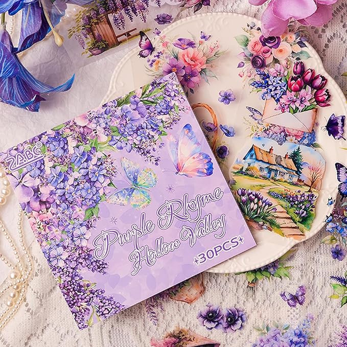 Floral Stickers Set,30 Sheets Purple Waterproof PET Clear Flower Stickers for Scrapbooking Journaling Bullet Journal Junk Journal Supplies