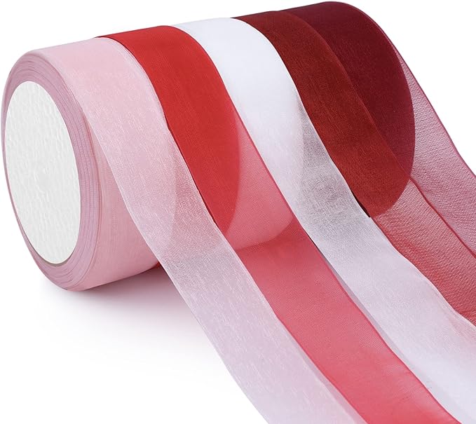 Organza Ribbon Sheer Ribbon, 1" x 125 Yd 5 Rolls Red for Gift Wrapping, Bouquet, Wedding, Party Decoration, Red