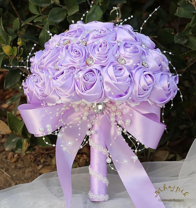 Bridal Wedding Bouquet Round Bling Brooch Bouquet Throw Toss Artificial Rose Flower Bunch for Bride Bridesmaid Wedding Quinceanera(Light Purple, 8.7")