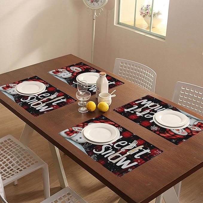 Christmas Snowman Placemats Set of 4 Let It Snow Table Mats Linen Place Mats for Dining Kitchen Country Camp Farmhouse Decor 12x18 Inch