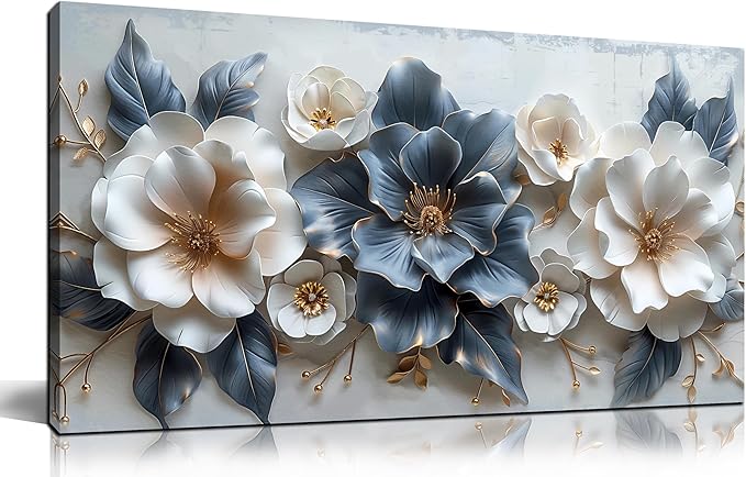 Flower Prints Wall Art for Living Room Blue and White Paintings for Wall Office Wall Decor for Bedroom Aesthetic Size 20" x 40"