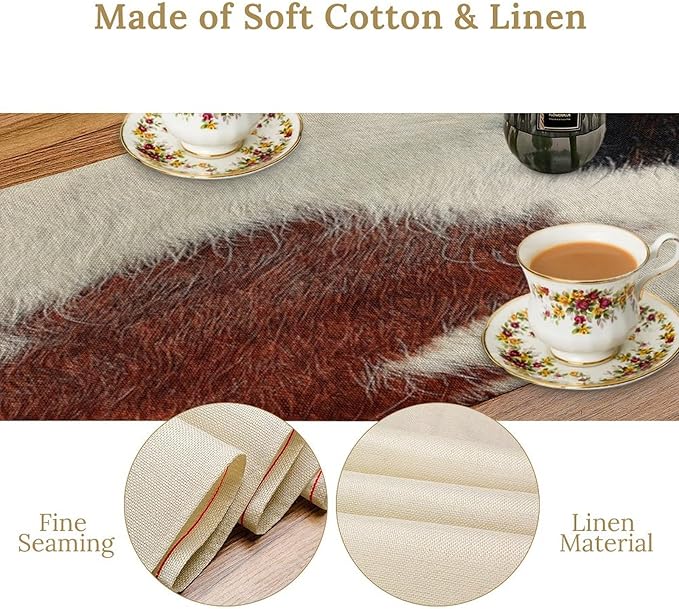 Cow Skin Print Table Runner, Rustic Country Farmhouse Animal Fur Skin Western Farm Black Brown Cowhide Print Dinner Runner Table Decoration for Home Kitchen Dining 13x90in