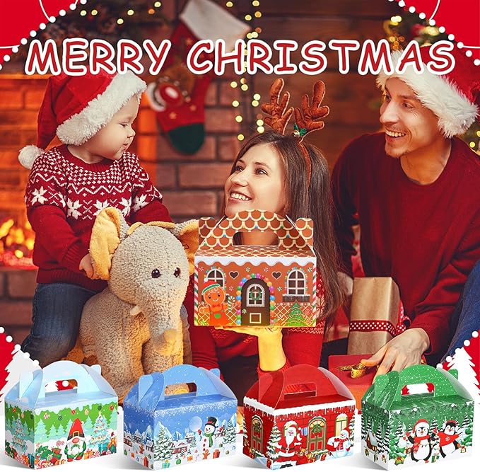 24 Pcs Christmas Treat Boxes Candy Goodie Cookie Gingerbread House Snowman Snowflake Christmas Party Favor Box Containers for Winter Holiday Party Favor Supplies