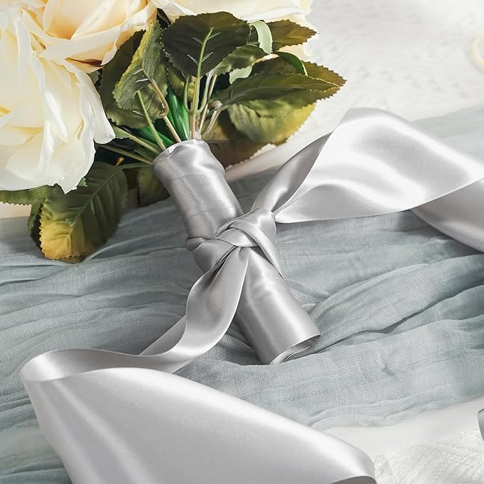 MEEDEE Silver Satin 3 Inch Ribbon Lux Double Faced Satin Ribbon Tree by 10 Yards Silver Silk Ribbons Roll Ribbons for for Crafts, Christmas Tree Decoration, Weddings