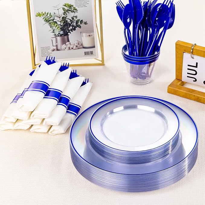 SUT 350 Pcs Blue and Clear Plastic Dinnerware Set for 50 Guests, Include: 50 Dinner Plates, 50 Dessert Plates, 50 Pre Rolled Napkins With Silverware, 50 Cups, Disposable Plates for Party, Wedding