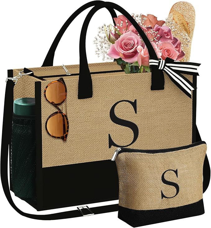 YOOLIFE Christmas Gifts for Women - Initial Jute Tote Bag & Makeup Bag, Birthday Gifts for Women Mom Wife Teacher Friend
