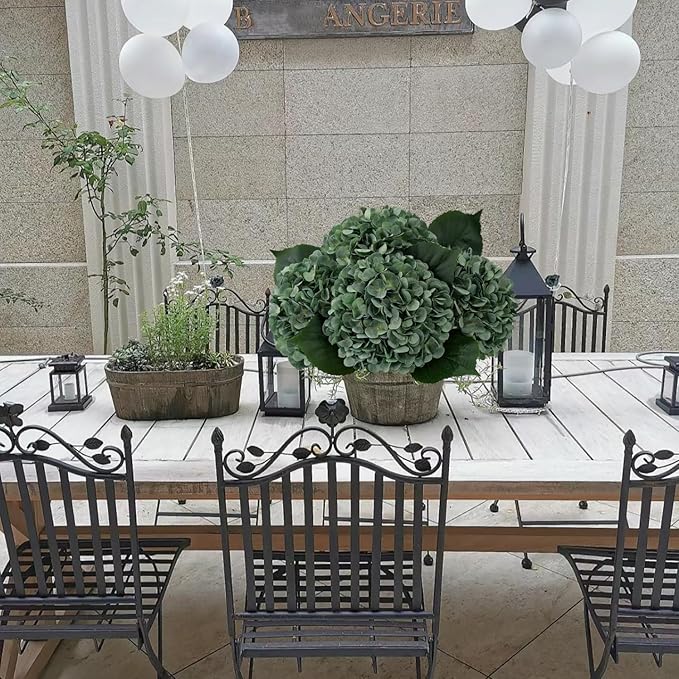 YalzoneMet 4Pcs Dark Green Silk Hydrangea Artificial Flower Big Blooms 20'' Long Stem Vintage Faux Hydrangea Flower Bouquets for Home Party Indoor Outdoor Boho Table Centerpiece Decor