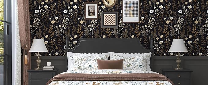 Vintage Dark Floral Small Roll Peelable Wallpaper 17.5" x 78", Moody Black Leaf Botanical Contact Paper for Drawer and DIY Craft, Retro Self Adhesive Wall Paper Brown Taupe Wall Art Decor