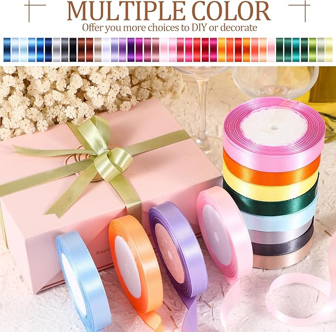 40 Rolls Satin Ribbons Colorful Fabric Ribbons Assorted Solid Rainbow for Gift Wrapping Bows Crafts DIY Bouquet Christmas Wedding Shower Decor(3/5" Wide,1000 Yd Long,Multicolor)