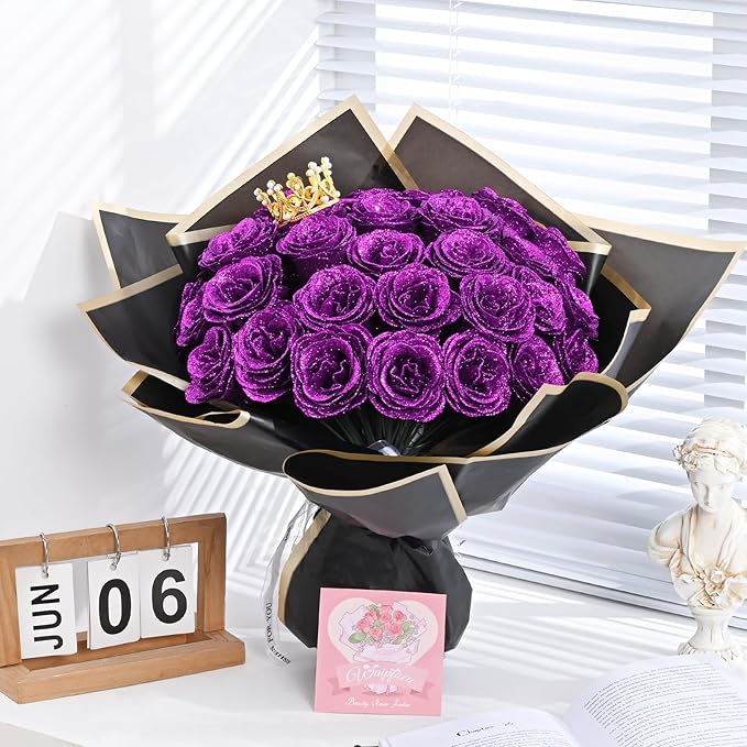 Waipfaru 36 Pcs Glitter Roses Bouquet, DIY Fake Flowers Bouquet, Artificial Purple Rose Bouquet for Valentines, Mothers Day Gifts, Anniversary, Engagement, Wedding