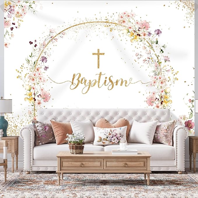 Baptism Backdrop God Bless Floral Golden Dots First Holy Communion Christening Photography Background Baptism Party Decoration Supplies Baby Shower Banner Photo Booth Studio Props 7x5ft