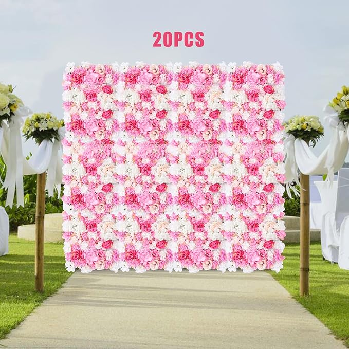 20 Pack Flowers Wall Panels Artificial Floral Wall Mat Handmade 3D Silk Rose Hydrangea Dahlia Floral Panels for Photo Background Home Party Wedding Backdrop Decoration, 24 x 16 inch (D)