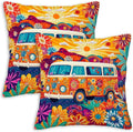 Hippie Van Throw Pillow Covers 18x18 Set of 2 | Home Decor Retro 1960s Cushion Cases with Zipper | Decorative Pillowcases for Couch, Sofa, Living Room and Bedroom