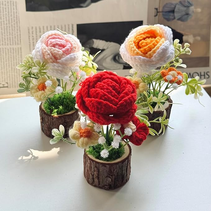 Handmade Crochet Rose Bouquet Knitted Creative Potted Plant Cute Home Desktop Decorations and Gifts for Friends, Lovers, Classmates (Red Roses)
