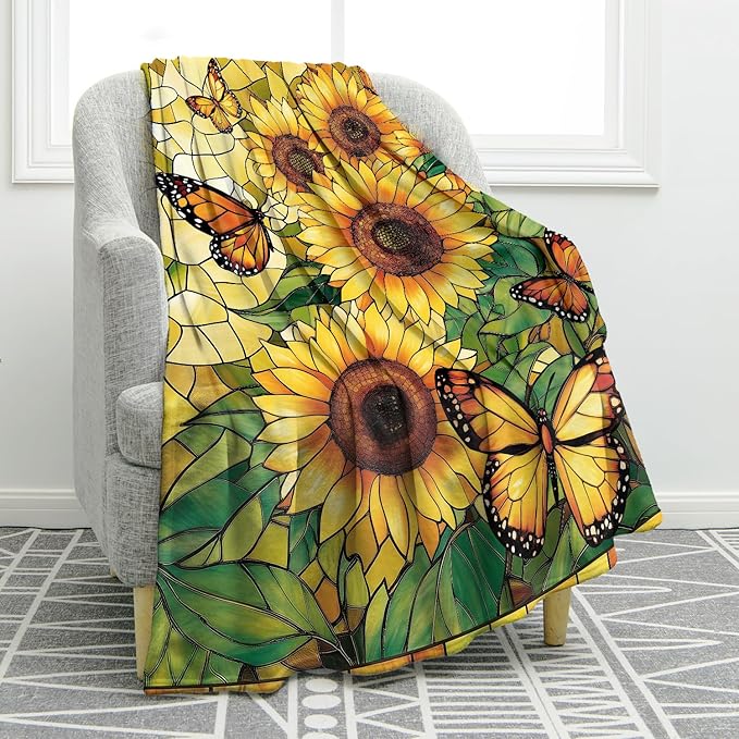 Jekeno Sunflower Gifts Blanket for Women Girls, Sunflowers Butterfly Throw Butterfly Decor Gifts for Sunflower Lovers Adult Kids, Cute Blanket for Home Living Room Bed Couch