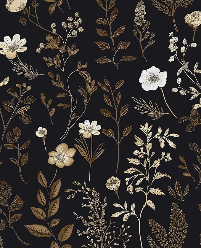 Vintage Dark Floral Small Roll Peelable Wallpaper 17.5" x 78", Moody Black Leaf Botanical Contact Paper for Drawer and DIY Craft, Retro Self Adhesive Wall Paper Brown Taupe Wall Art Decor