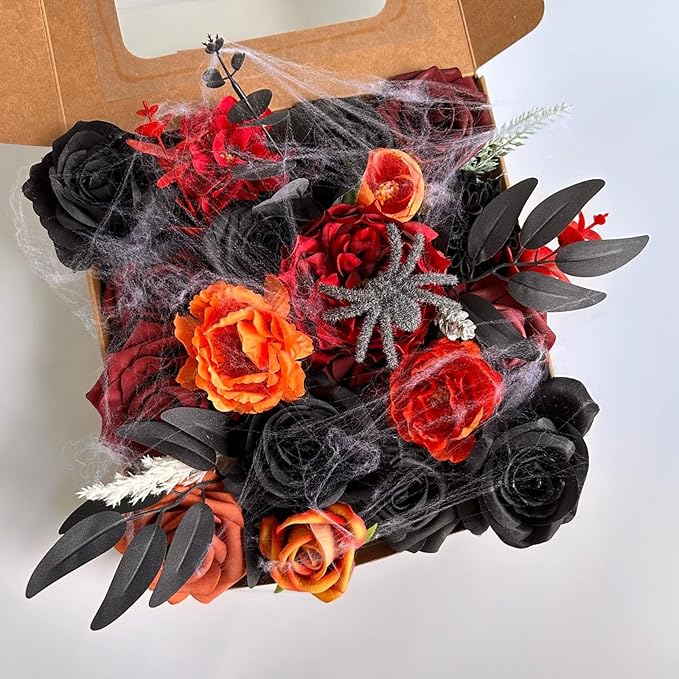 ASTRYAS Artificial Flowers Combo Orange Black Burgundy Peonies Roses Flower for DIY Wedding Bouquet Bridal Party Table Centerpieces Floral Arrangement Home Halloween Decor