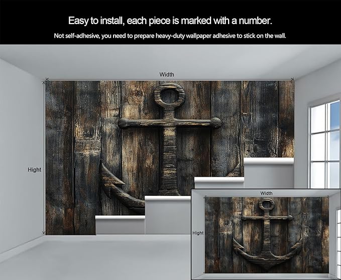 Nautical Anchor Wall Mural, Coastal Style Anchor 3D Wall Murals, Ocean Nautical Wallpaper Mural, for Living Room Bedroom Large Wallpaper Indoor Decor 177.16" W x120 H