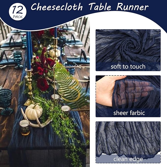 12 Pack Cheesecloth Table Runner 35x72 Inch Boho Gauze Table Runner Rustic Cheese Cloth Long Romantic Table Runners for Wedding Bridal Shower Birthday Party Table Decor (Navy Blue)