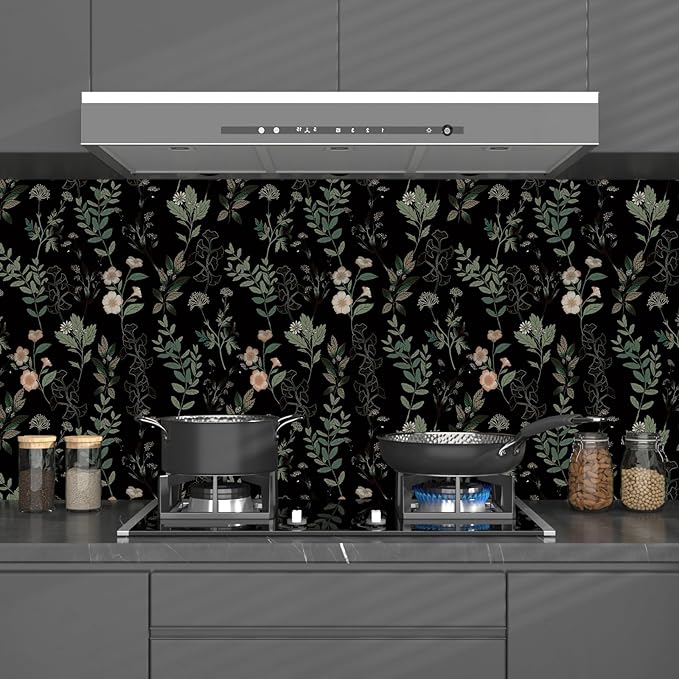 Black Green Floral Wallpaper 17.4" x 394", Dark Green Leaf Contact Paper Peel and Stick Wallpapers Waterproof Self-Adhesive Wall Covering for Bedroom Countertop Desk Cabinets Decor