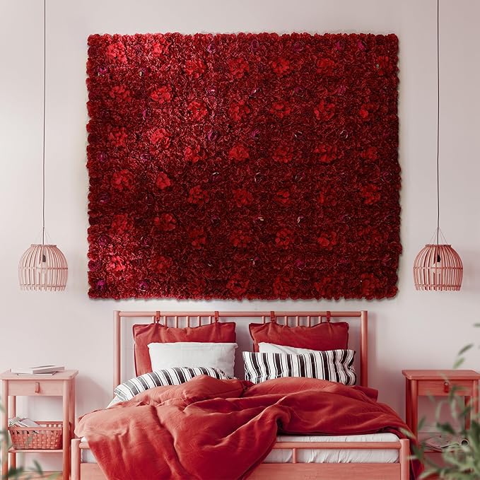 Flower Wall Panel 12 pcs 16.5x16.5 Inch Floral Wall Backdrop Artificial Silk Rose Wall Decor Ideal for Wedding Celebrations, Festive Party Backdrops, and Home Decor-Maroon