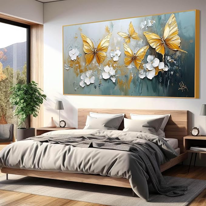 Butterfly Canvas Wall Art, Butterfly and Flower Wall Decor, Butterfly Prints, Abstract Textured Canvas Wall Art, Artwork for Walls, Oil Painting Wall Art, Wall Decor Living Room (Black Frame, *47"x23"|120x60cm)
