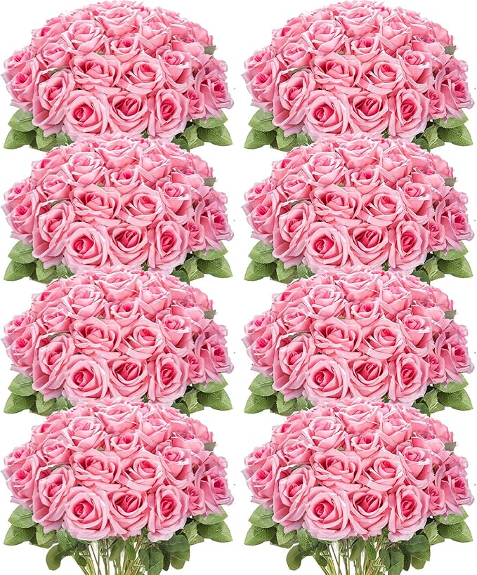 Hotop 120 Pcs Roses Artificial Flowers in Bulk,Long Stem Artificial Flower Bouquet,Silk Real Touch Fake Rose for Wedding Party Table Centerpieces Decor Valentines Gifts(Bright Pink)