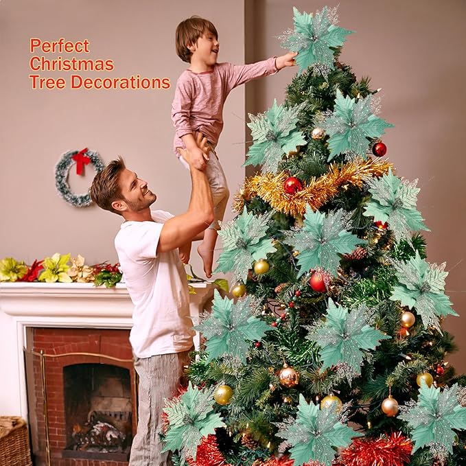 10'' Large Christmas Glitter Poinsettia Flowers Decorations, stadeco 10 Pcs Christmas Tree Picks Ornaments Artificial Flowers with Long Stems for Xmas Tree Wreath Garland Wedding Party DIY Decor