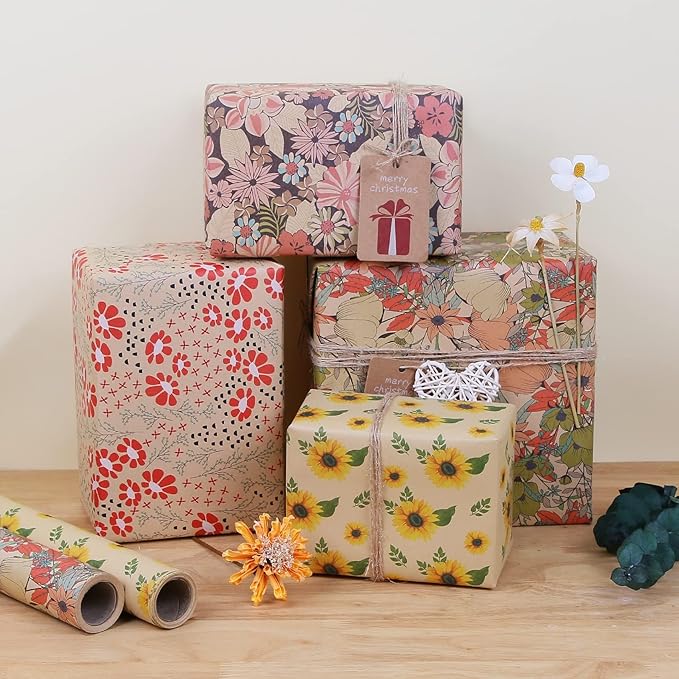Aimyoo Kraft Floral Wrapping Paper Roll - Mini Roll - 17 Inch x 32.8 Feet - All Occasion Vintage Flower Gift Wrap Paper for Mother's Day Wedding Birthday Bridal Shower