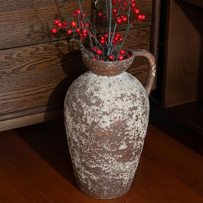 Brown Ceramic Rustic Farmhouse Vase Jug Pitcher with Handle, Distressed Antique Terracotta Pottery Flower Vase 14.2 Inch Handmade Large Floor Vintage Decorative for Home Living Room Decor