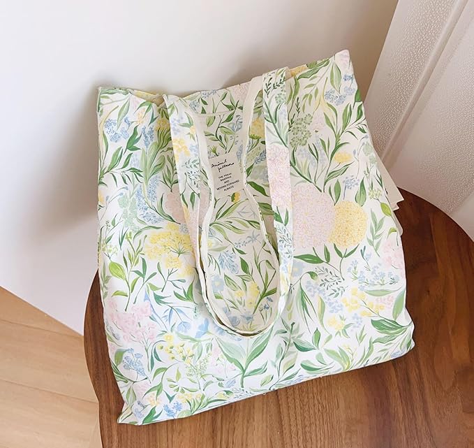 Cotton Canvas Tote Bag Reusable Soft Grocery Cloth Bag Floral Shoulder Bag for Beach Travel Shopping