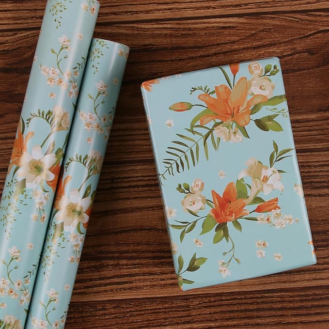 Aimyoo Blue Floral Wrapping Paper Jumbo Roll 17 in x 60 ft, Daylily Flower Gift Wrap for Wedding Birthday Bridal Shower