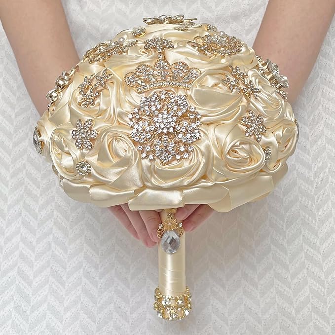 Handmade Satin Rose Floral Bling Pearl Decor Bridal Wedding Bouquet Rhinestone Pendant Artificial Brooch Flowers for Bride Bridesmaid Quinceanera