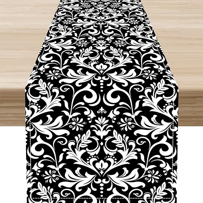 Black Damask Table Runner, Rustic Vintage Floral Antique Victorian Style Print Table Decor for Home Kitchen Dining Patio Holiday Party Indoor Outdoor Table Decorations 13x72 inch