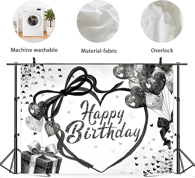 Coquette Happy Birthday Backdrop 7Wx5H Photography black Bow Heart Balloons Modern Preppy Diamonds Sweet Princess Background for Girls Teens Party Decorations Banner Photo Booth Props Supplies