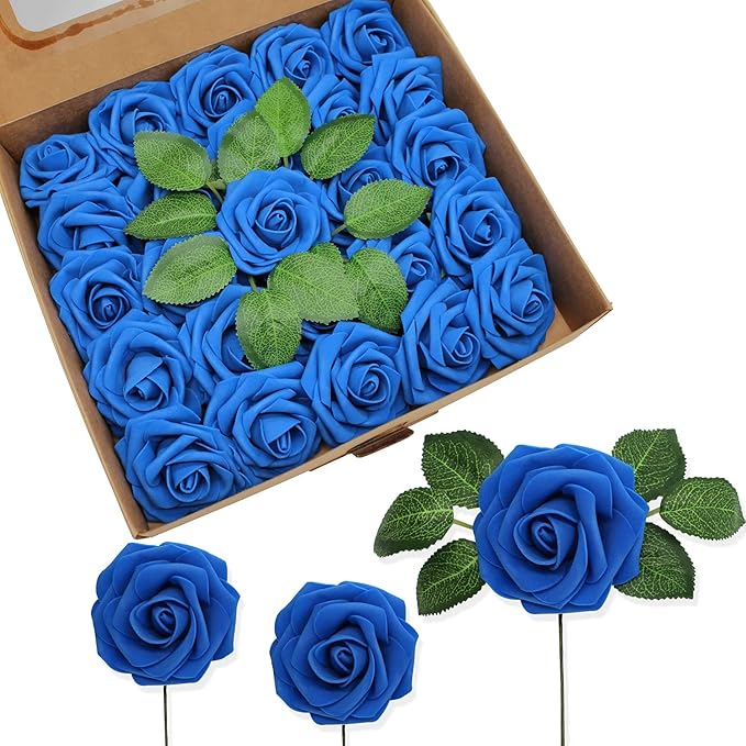 JOYLEX Artificial Flowers Realistic Roses, 50pcs Real Looking Fake Roses with Stem for DIY Wedding Bouquets Centerpieces Bridal Shower Party Home Romantic Decorations (Regular 3" - 50pcs, Blue)