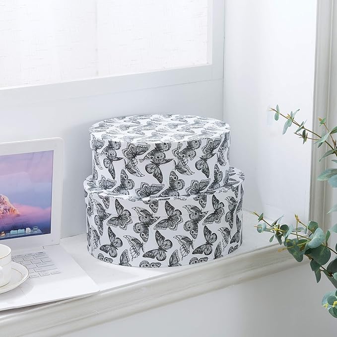 Soul & Lane Oblong Decorative Cardboard Storage Boxes with Lids, Graceful Flight, Set of 2 Black and White Butterfly Keepsake Boxes for Women, Oval Nesting Storage for Gifts and Organizing