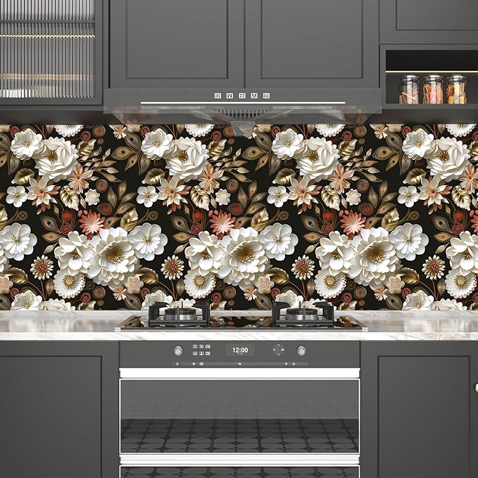 White Gold Floral Wallpaper Peel and Stick Dark Flower Contact Paper 17.5in x 393in Vintage Wallpaper Vinyl Waterproof Self Adhesive Boho Leaf Botanical Wall Paper for Bedroom Cabinet Table Decoration