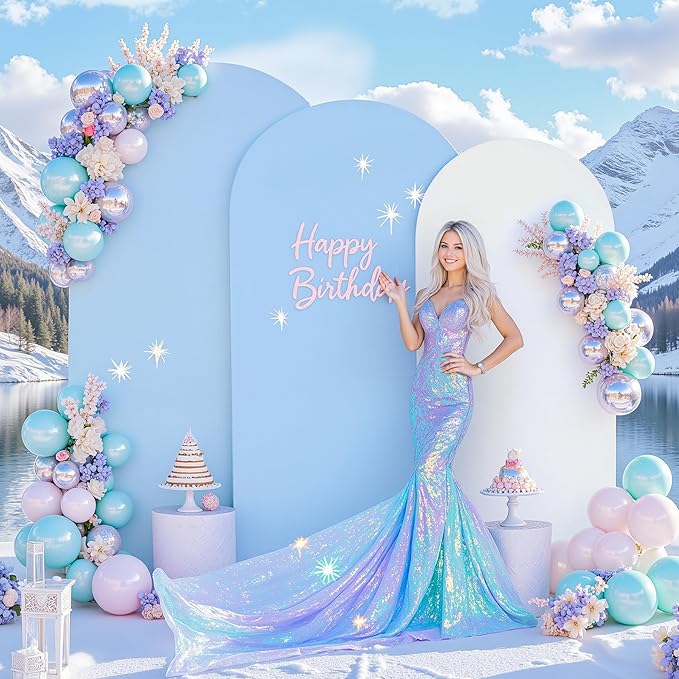 White and Blue Arch Backdrop Cover 8FT 7.2FT 6.6FT Arch Covers Stretchy Backdrop Set of 3, Wedding Arch Cover Spandex Fitted Double-Color Fabric Arch Covers for Party Baby Shower Birthday Decoration