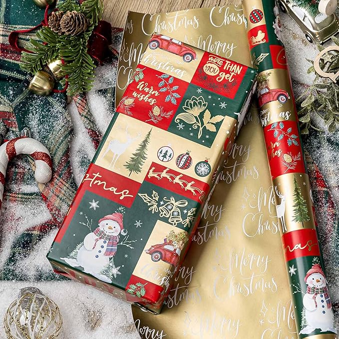 MAYPLUSS Christmas Wrapping Paper - 17 Inch X 33 Feet - Santa Claus Reversible Merry Christmas Gift Wrapping Paper, Metallic Foil Thick Gift Wrap Paper for Holiday Party New Year Kids