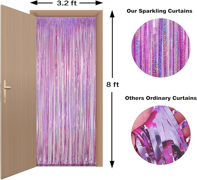 Melsan 2 Pack 3.2 ft x 8.2 ft Tinsel Foil Fringe Curtains Backdrop, Sparkle Metallic Foil Curtains for Party Photo Booth Props Decoration, Pinkish Purple