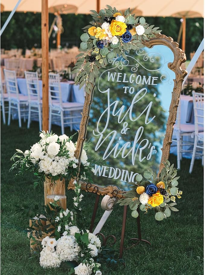 Faux Flower Swag Set of 2, Yellow Artificial Flowers Swags for Wedding Arch, Wedding Welcome Signs, Welcome Reception Ceremony Signs Decorations
