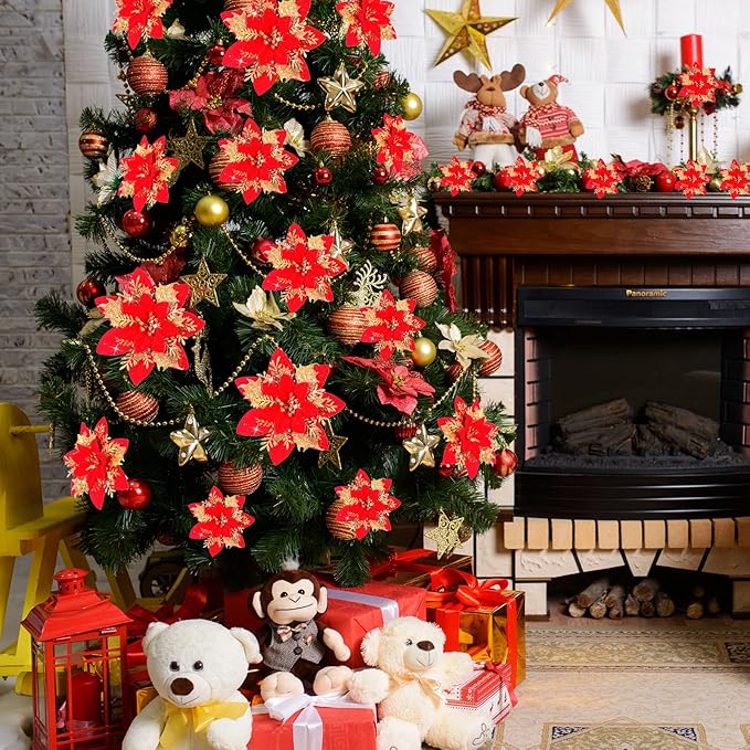 36 Pcs Christmas Glitter Artificial Poinsettia Flowers Xmas Poinsettia Artificial Wedding Flowers Decorations Xmas Tree Ornaments with Clips for Party, 6 Inch, 4 Inch, 3 Inch(Red and Gold)