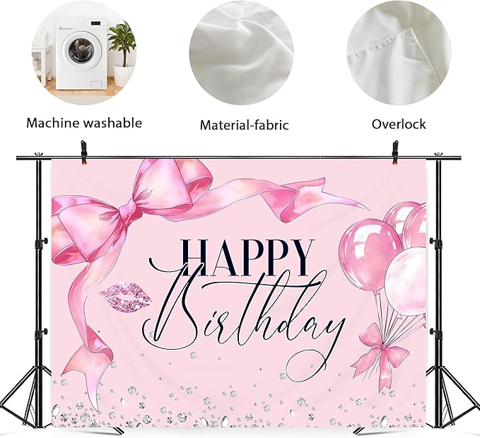 Pink Bow Happy Birthday Backdrop 7Wx5H Photography Bowknot Balloons Coquette Birthday Lips Diamond Balloons Background Woman Bachelorette Party Decorations Banner Photo Booth Props Supplies