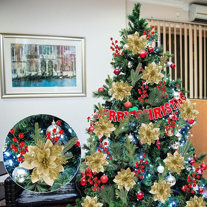 12 PCS Poinsettia Flower Artificial Gold Christmas Flowers Artificial 5.5'' Glitter Poinsettias Artificial Christmas Tree Flower with Clips DIY Xmas Wreath Holiday New Year Home Party Decor
