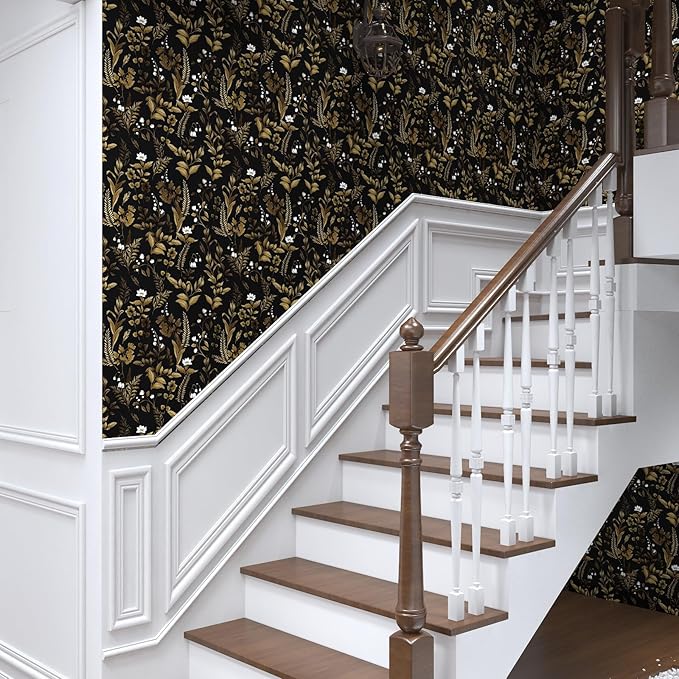 Extra Long Dark Floral Peel and Stick Wallpaper, Vintage Black Gold Leaf Wallpaper, Removable Contact Paper Self Adhesive for Bedroom Bathroom Cabinet Black Gold White 17.5In x 393In